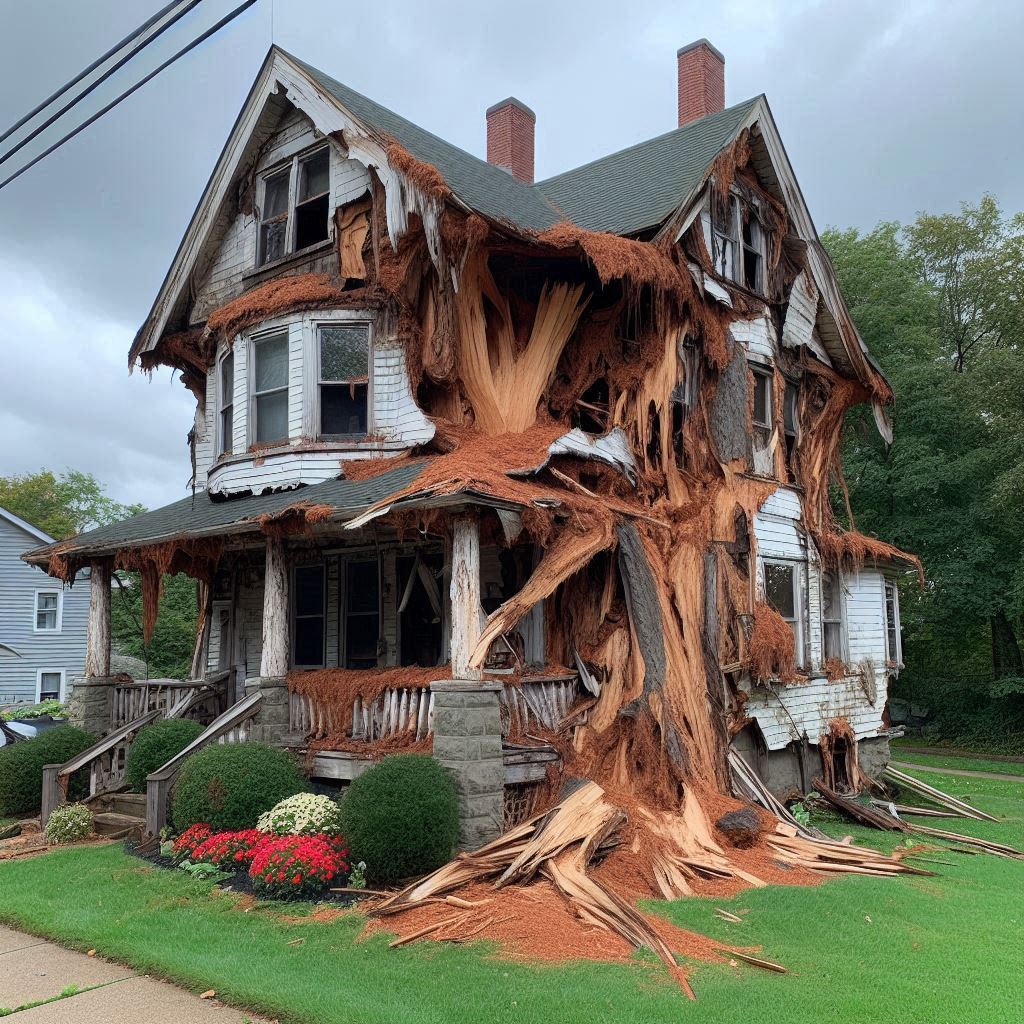 Damaged tree on an Princeton home showing signs of disease and decay